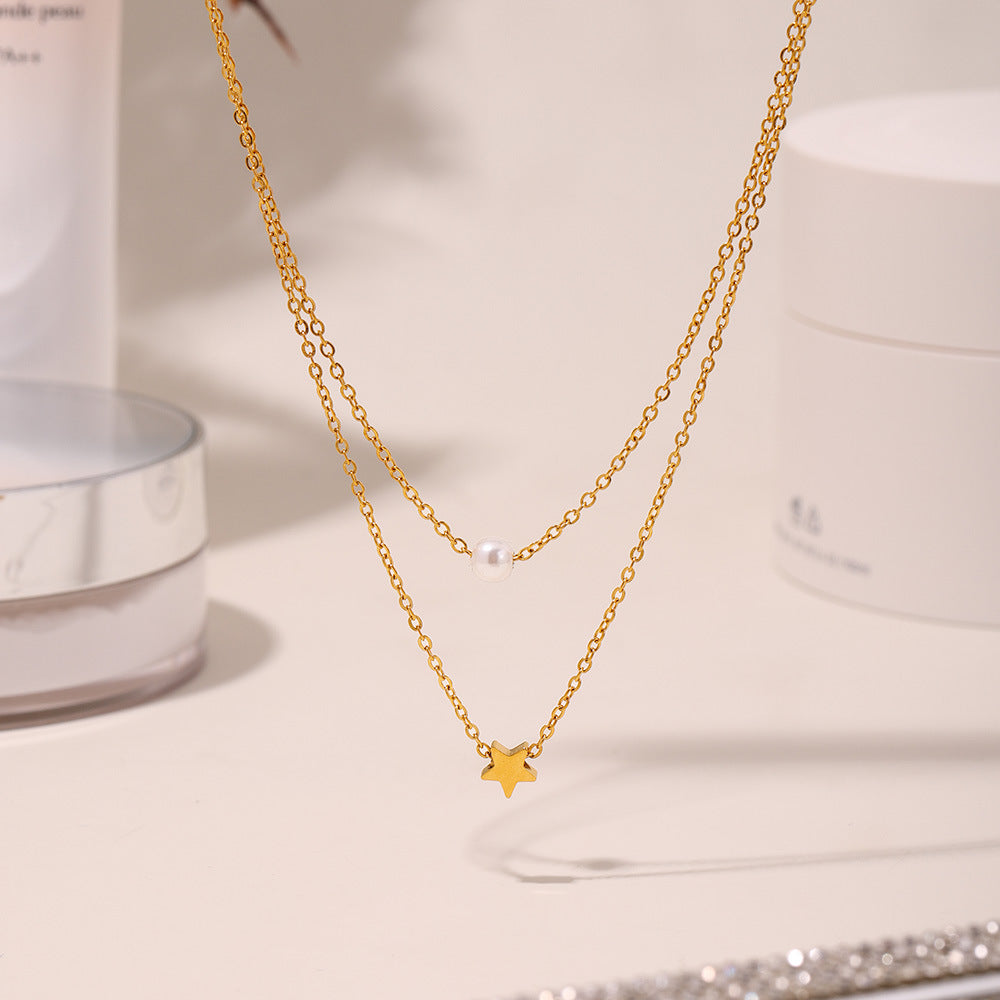 Stainless Steel Star Imitation Pearl Pendant Double Layer Necklace
