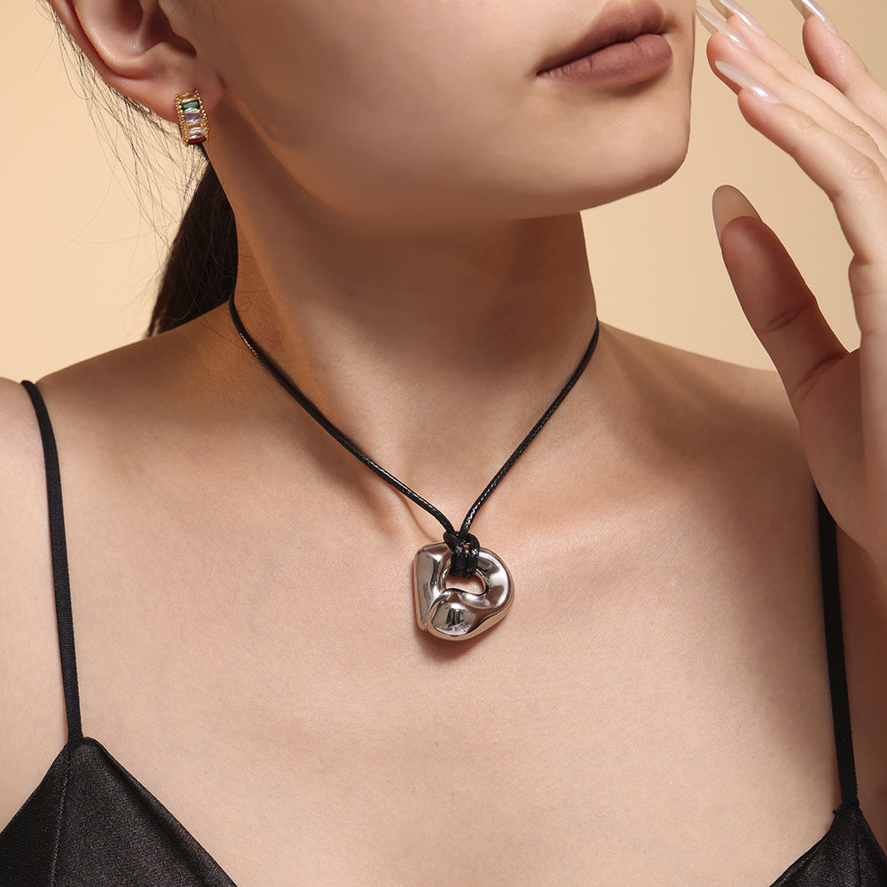 Stainless Steel Irregular Geometric Pendant Leather Cord Necklace
