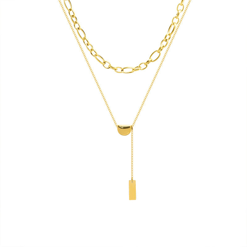 Stainless Steel Tassel Square Pendant Double Layer Necklace