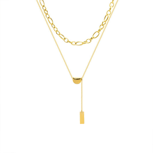 Stainless Steel Tassel Square Pendant Double Layer Necklace