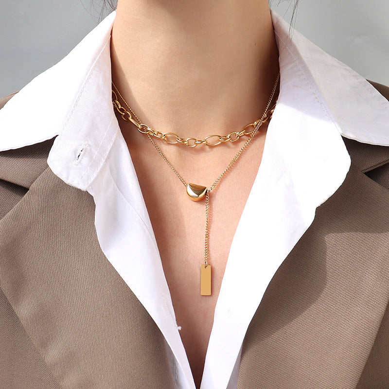 Stainless Steel Tassel Square Pendant Double Layer Necklace