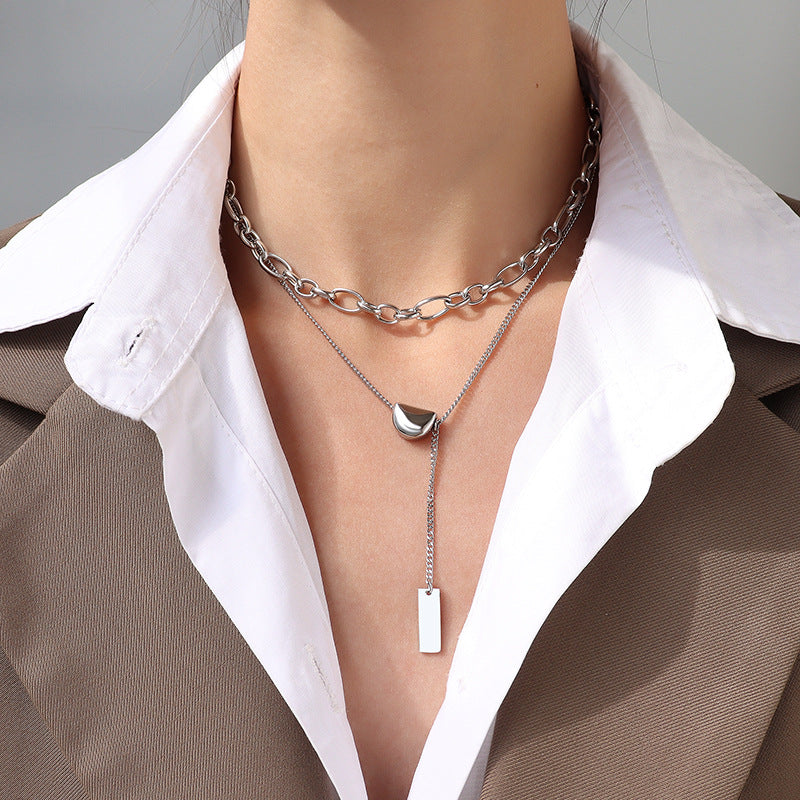 Stainless Steel Tassel Square Pendant Double Layer Necklace