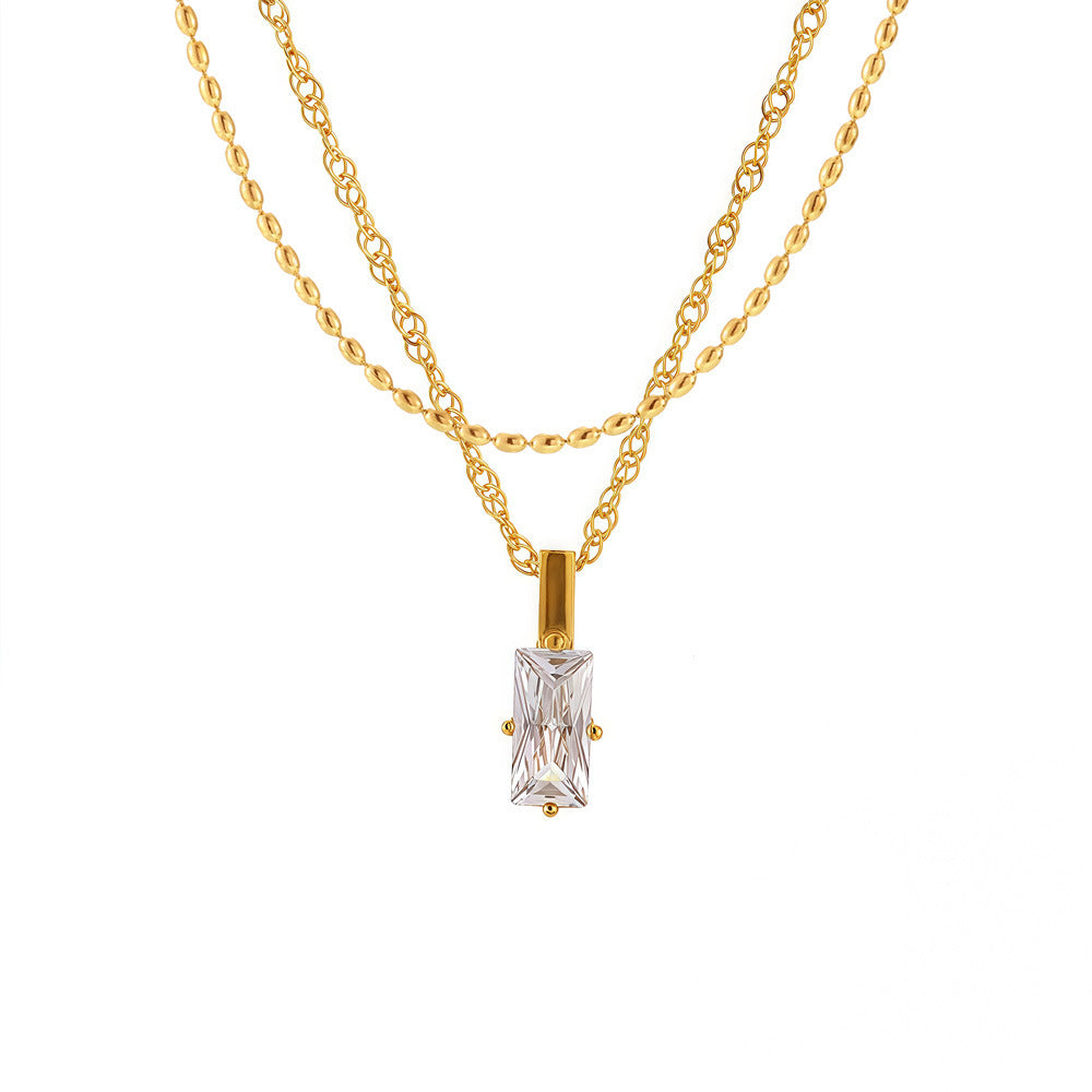 Stainless Steel Rectangular Cubic Zirconia Double Layer Necklace