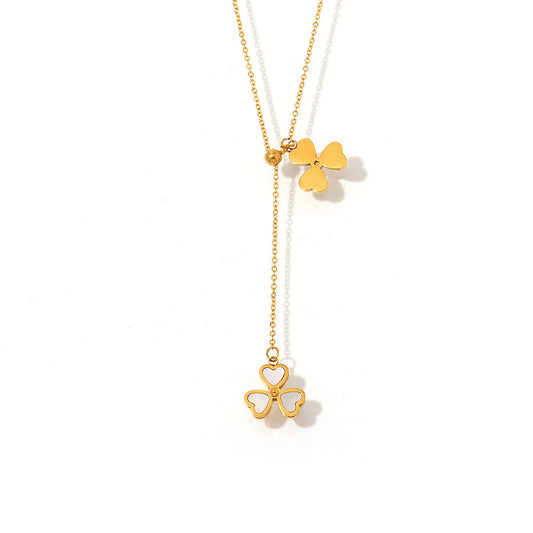 Stainless Steel Heart Shaped Flower Inlay Mother of Pearl Pendant Tassel Necklace