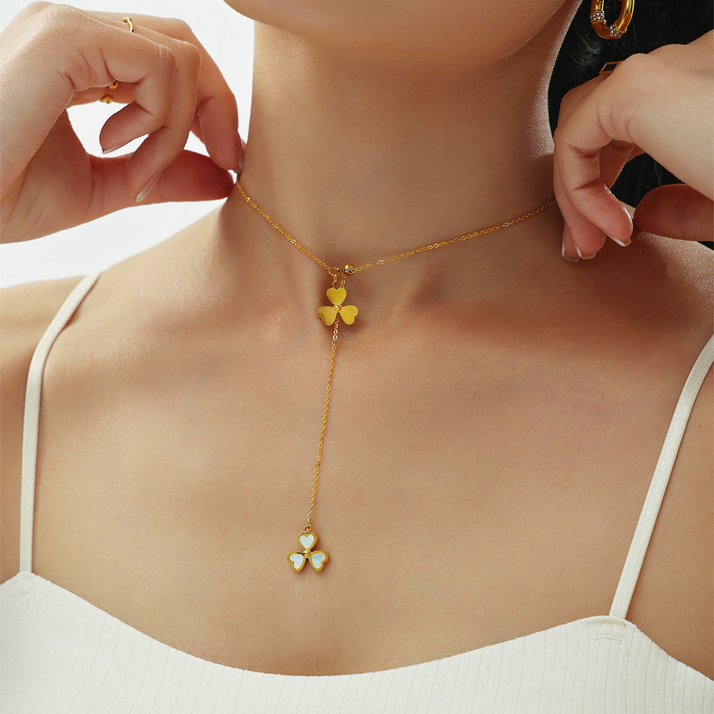 Stainless Steel Heart Shaped Flower Inlay Mother of Pearl Pendant Tassel Necklace