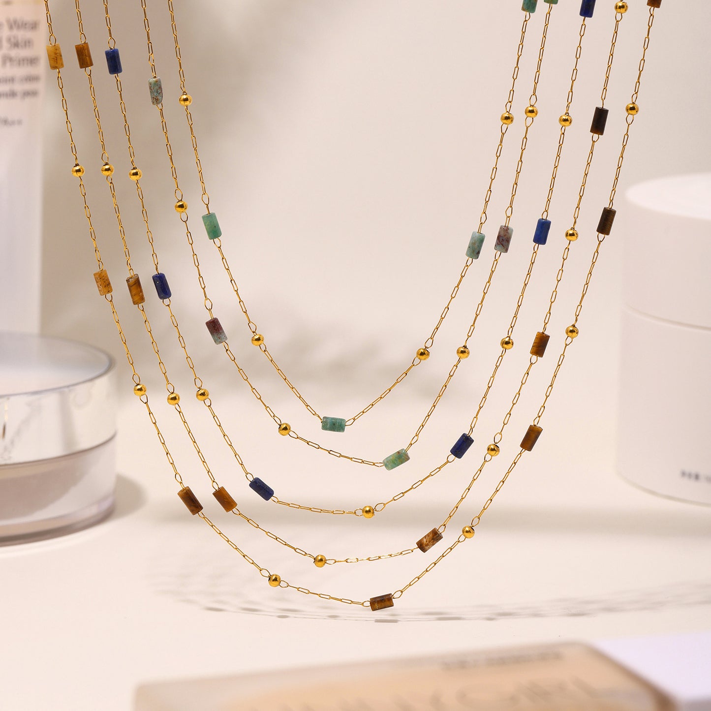 Natural Stone Beaded Stainless Steel Necklace