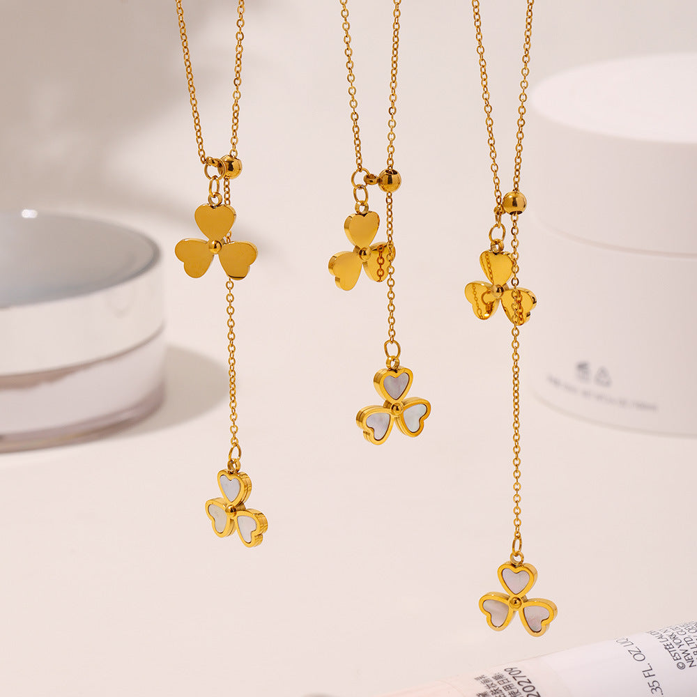 Stainless Steel Heart Shaped Flower Inlay Mother of Pearl Pendant Tassel Necklace