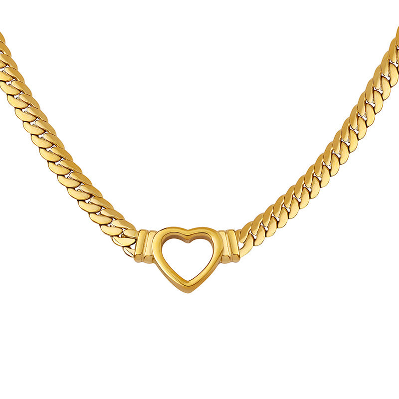 Stainless Steel Hollow Heart Cuban Chain Necklace