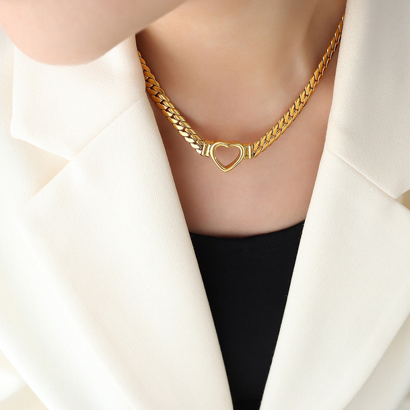 Stainless Steel Hollow Heart Cuban Chain Necklace