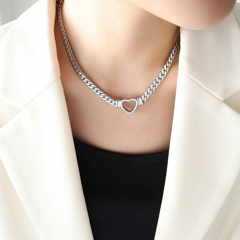 Stainless Steel Hollow Heart Cuban Chain Necklace