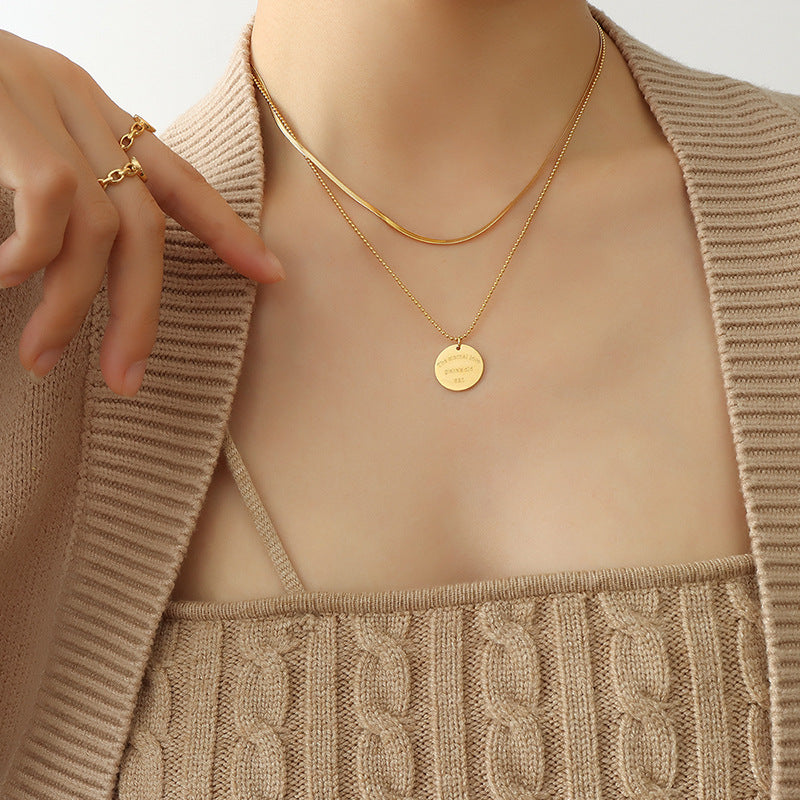 Stainless Steel English Letter Round Pendant Necklace