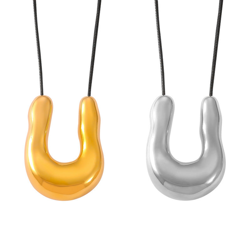 Irregular U-shaped Pendant Braided Leather Cord Necklace