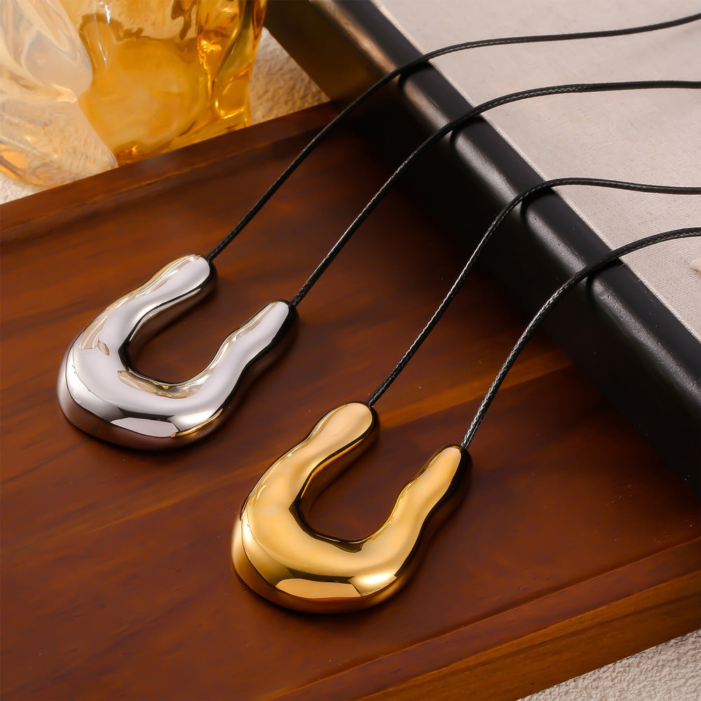 Irregular U-shaped Pendant Braided Leather Cord Necklace