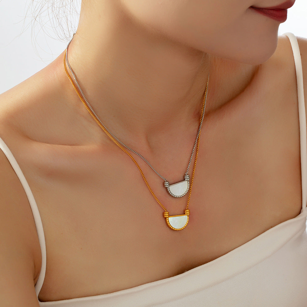 Stainless Steel Half-circle Lace Inlay Natural Fritillaria Pendant Necklace