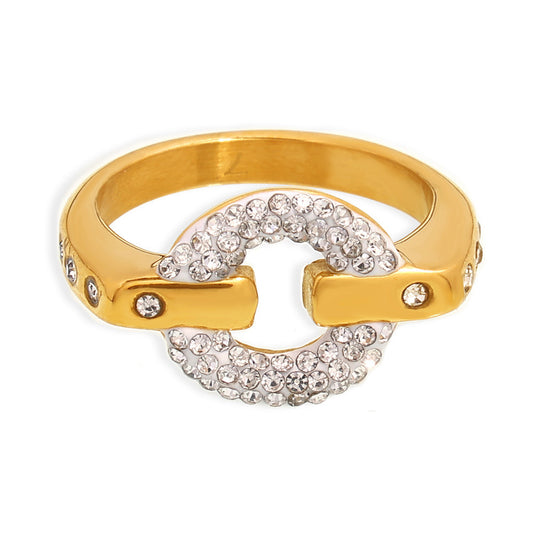 Stainless Steel Hollow Round Inlay Rhinestone Ring