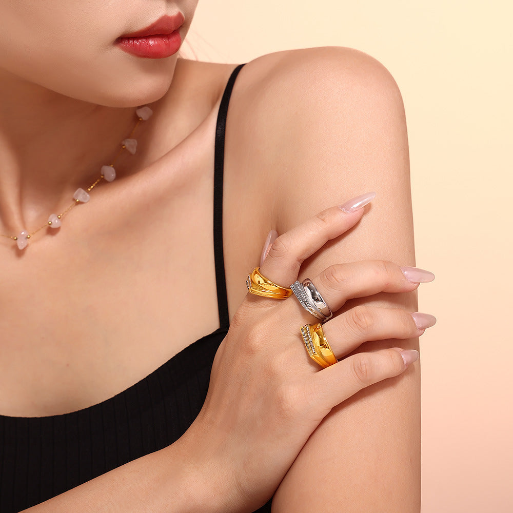 Stainless Steel Irregular Design Inaly Rhinestone Ring