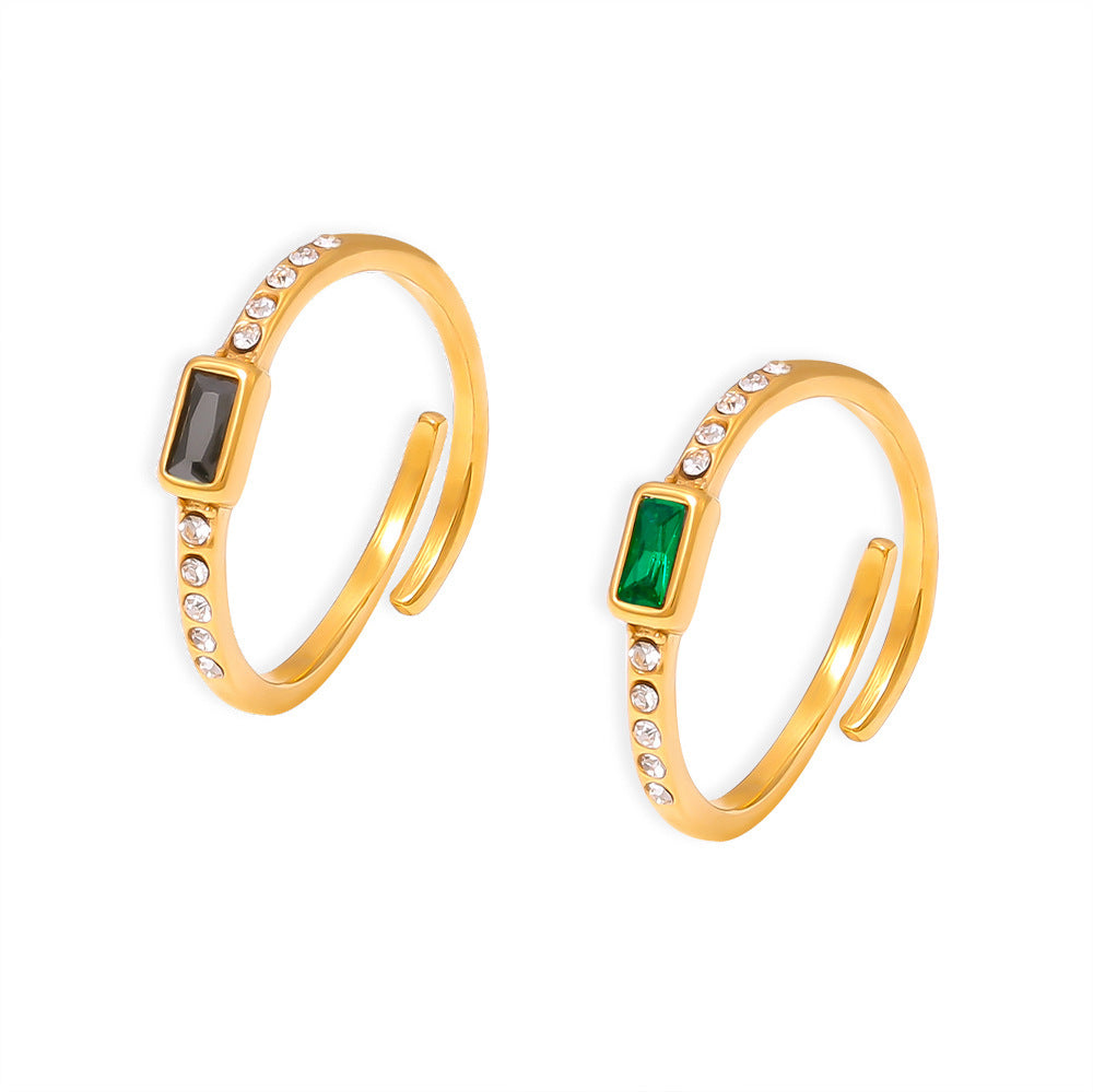 Stainless Steel Square Glass Stone Cuff Ring
