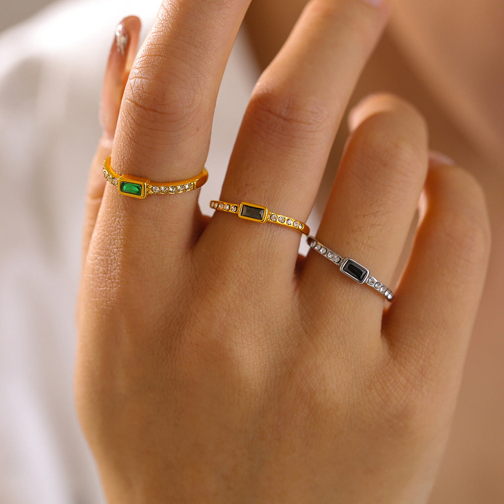 Stainless Steel Square Glass Stone Cuff Ring