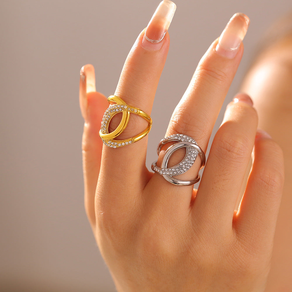 Stainless Steel Double C Inlay Cubic Zirconia Ring