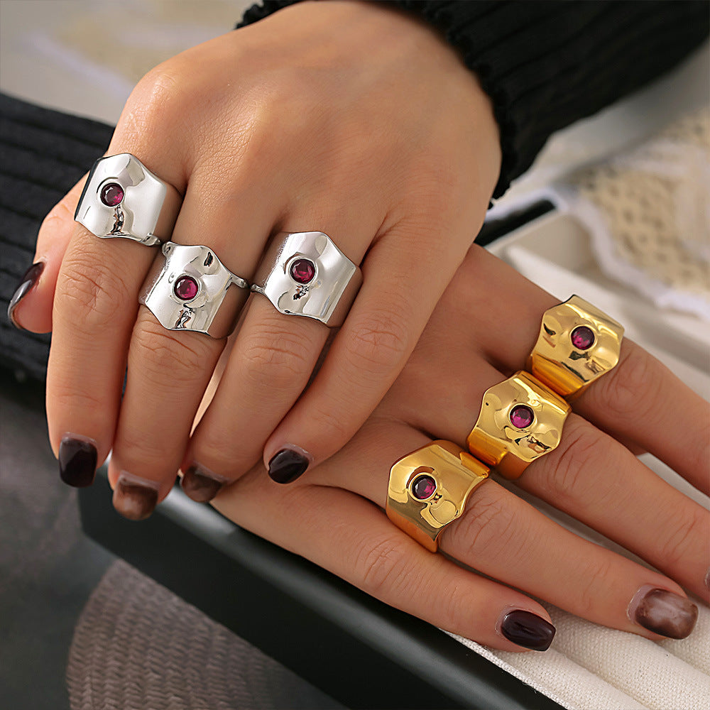 Stainless Steel Geometric Inlay Cubic Zirconia Chunky Ring