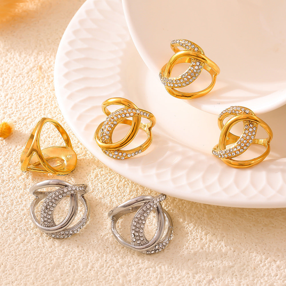 Stainless Steel Double C Inlay Cubic Zirconia Ring