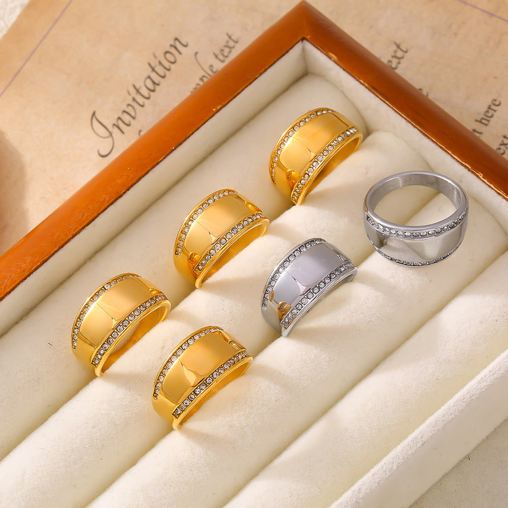 Stainless Steel Polished Edge Inlay Czech Diamond Ring