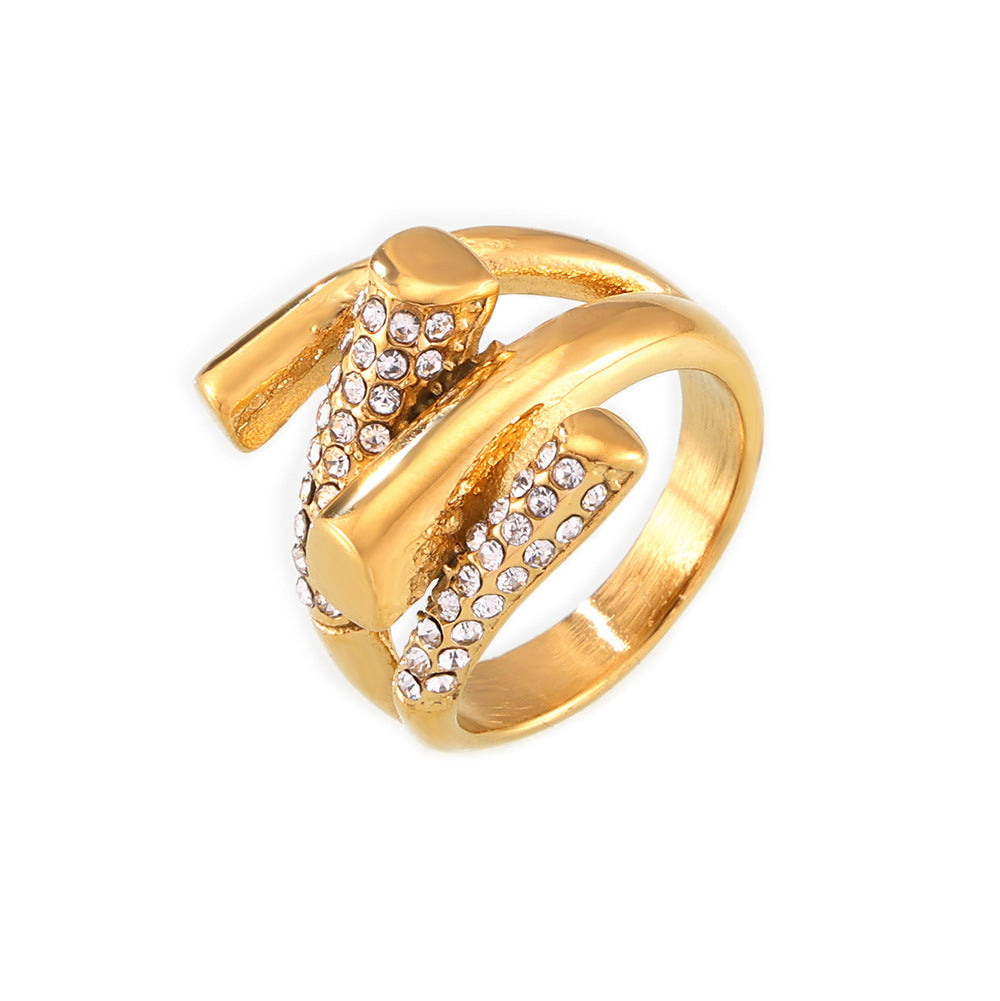 Stainless Steel Irregular Geometric Interlaced Czech Diamond Ring
