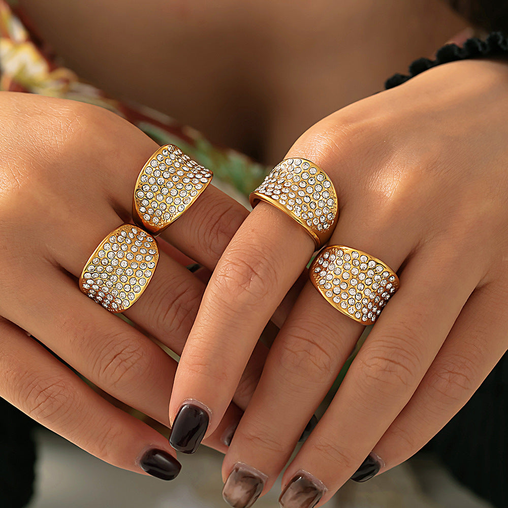 Stainless Steel Concave Inlay Czech Diamond Ring