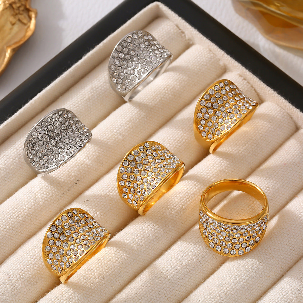 Stainless Steel Concave Inlay Czech Diamond Ring