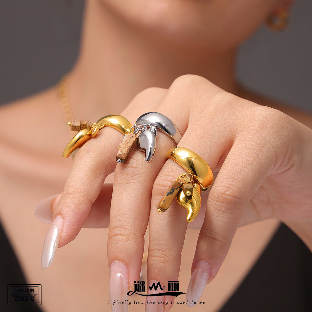 Stainless Steel Water Drop Tassel Charm Ring