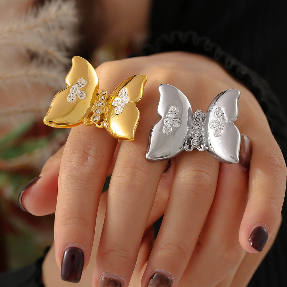 Stainless Steel Czech Diamond Butterfly Ring