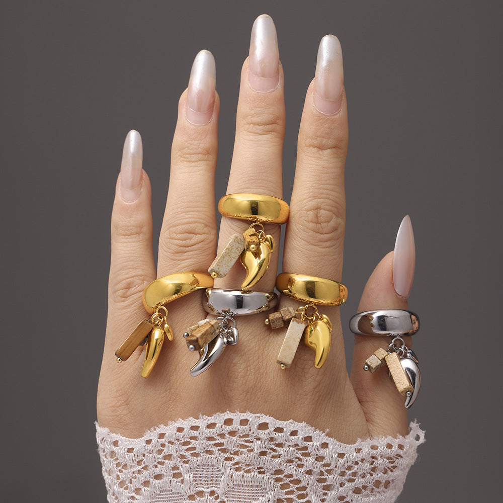 Stainless Steel Water Drop Tassel Charm Ring