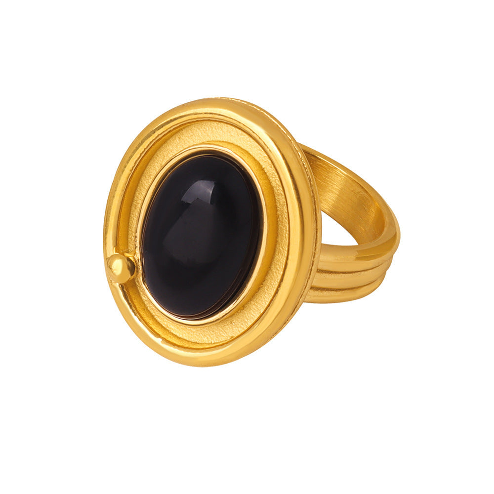 Stainless Steel Oval Black Agate Ring