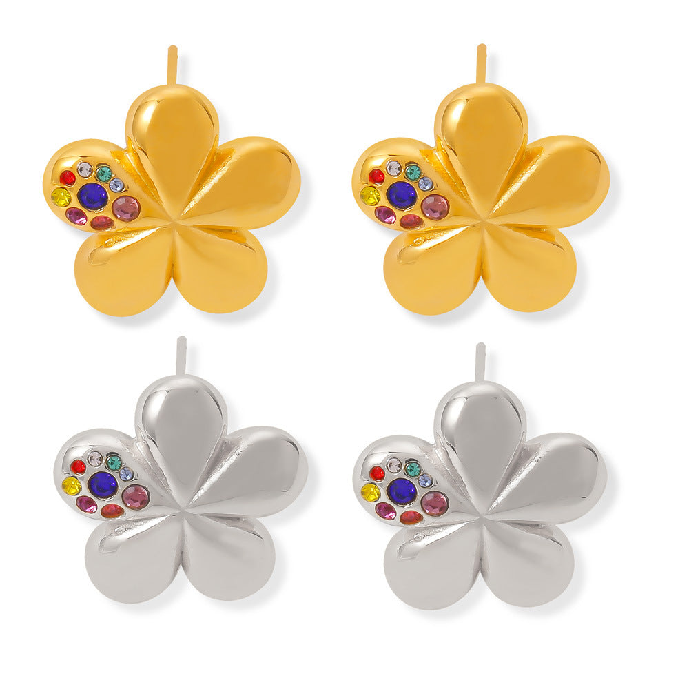 Stainless Steel Flower Inlay Rainbow Rhinestones Stud Earrings