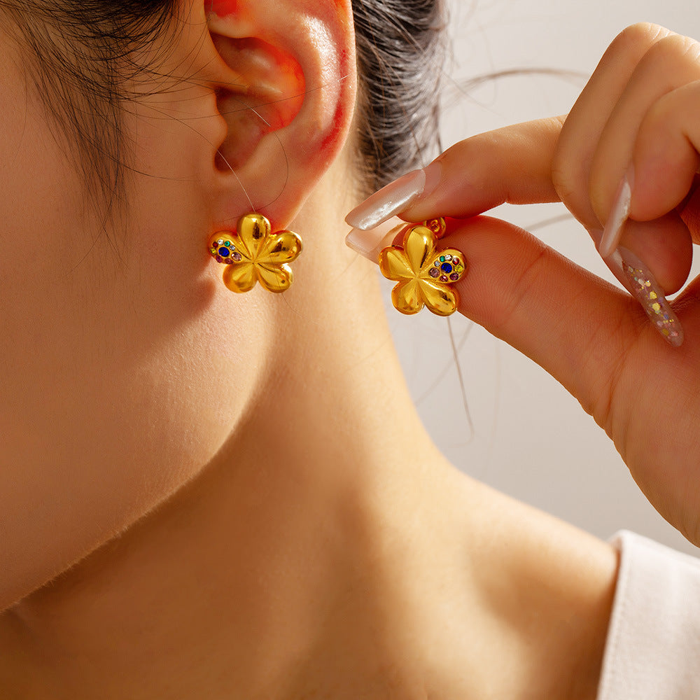 Stainless Steel Flower Inlay Rainbow Rhinestones Stud Earrings
