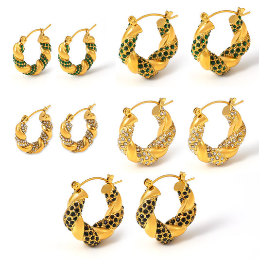 Stainless Steel Twist Shape Inlay Rhinestones Hoop Earrings