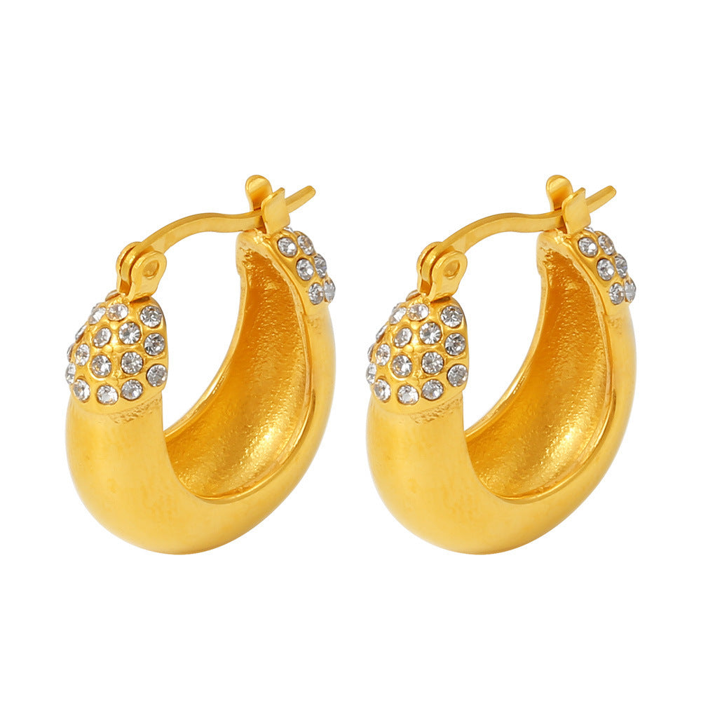 Vintage Stainless Steel Inlay Rhinestones Hoop Earrings