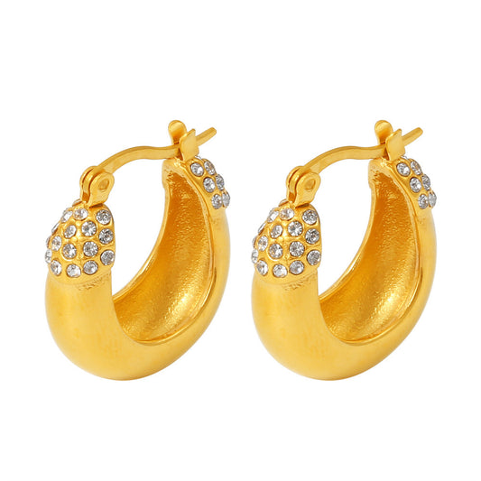 Vintage Stainless Steel Inlay Rhinestones Hoop Earrings