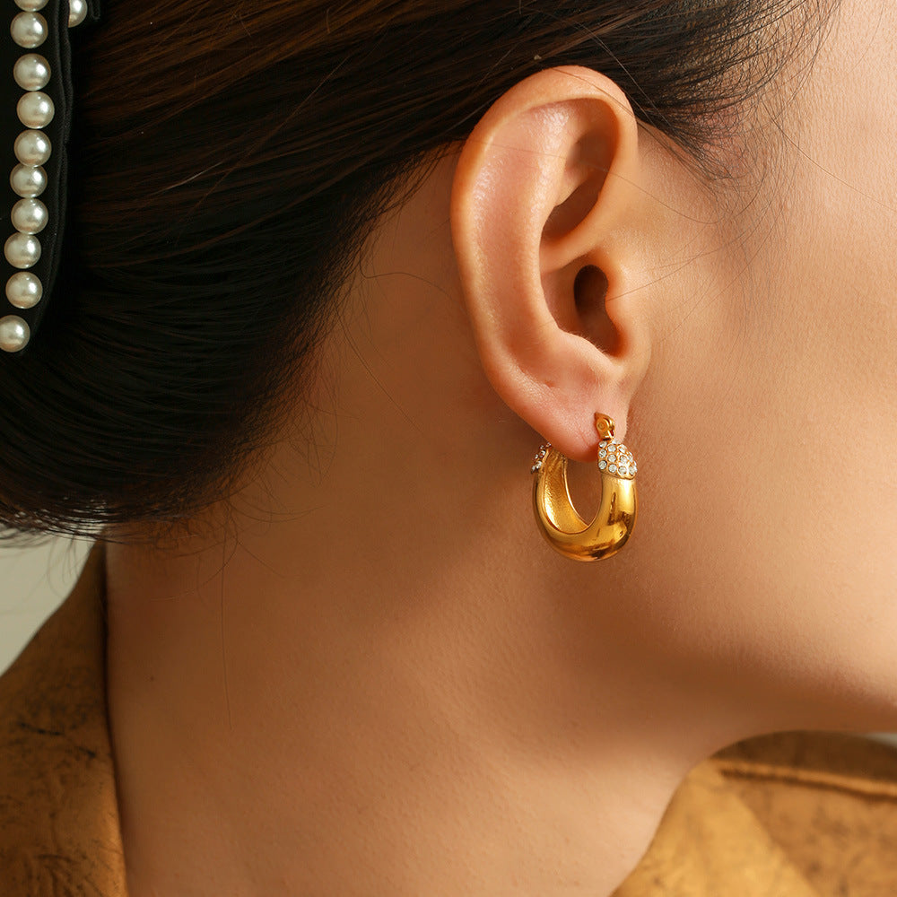 Vintage Stainless Steel Inlay Rhinestones Hoop Earrings