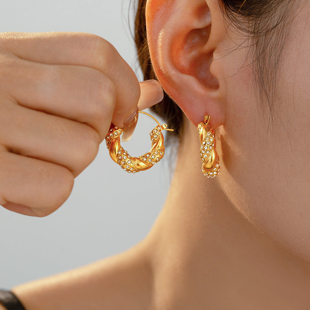 Stainless Steel Twist Shape Inlay Rhinestones Hoop Earrings