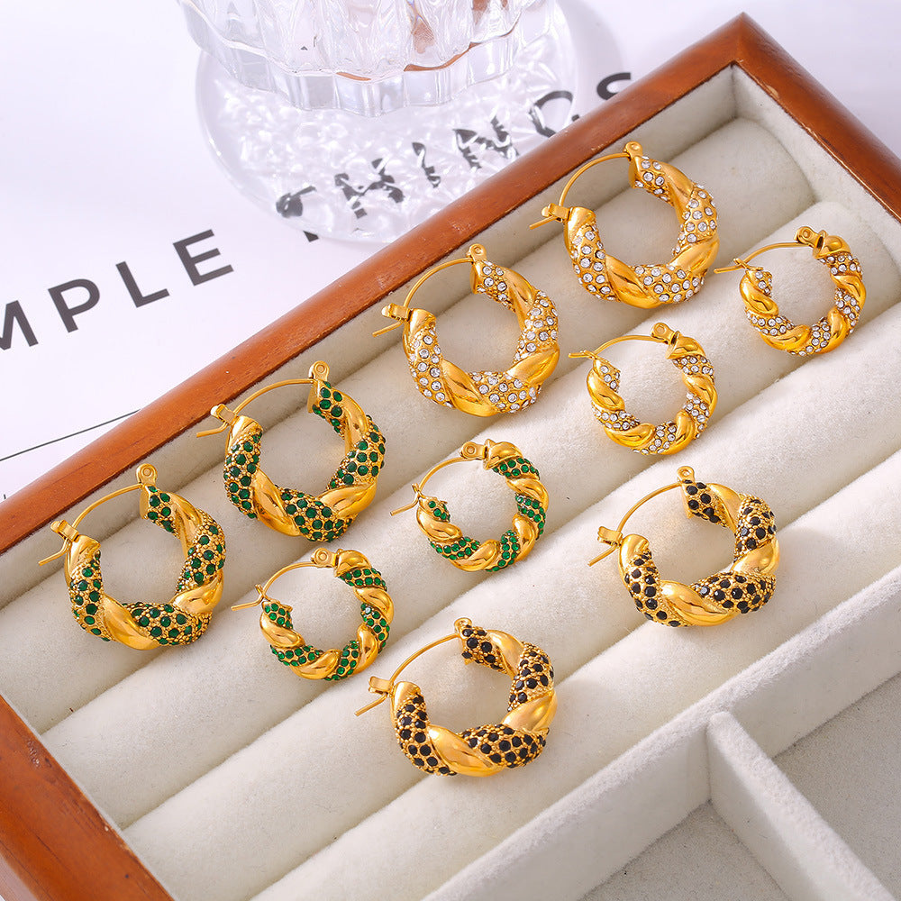 Stainless Steel Twist Shape Inlay Rhinestones Hoop Earrings