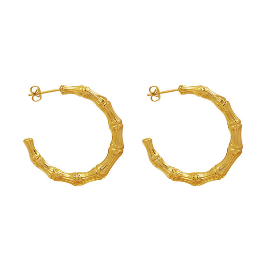 Stainless Steel Textured Bamboo Hoop Earrings