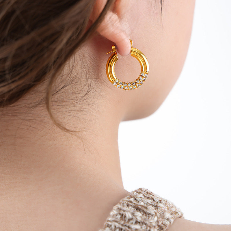 Stainless Steel Rhinestone Hoop Earrings