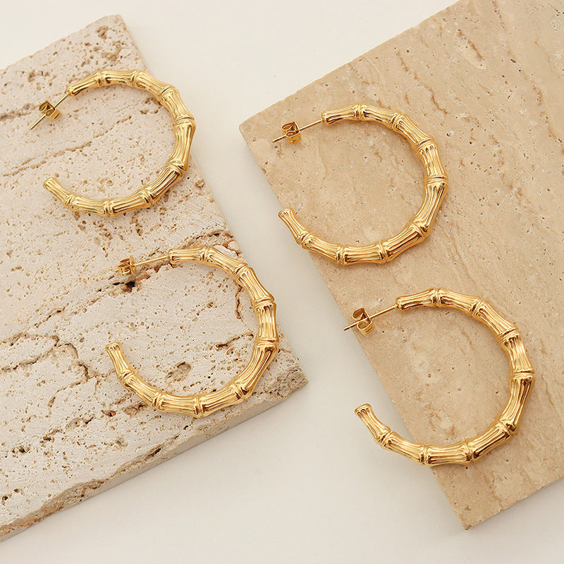Stainless Steel Textured Bamboo Hoop Earrings