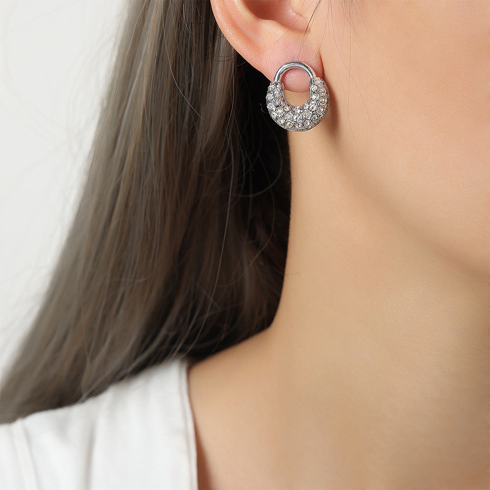 Stainless Steel U-Shaped Inlay Rhinestone Hoop Earrings