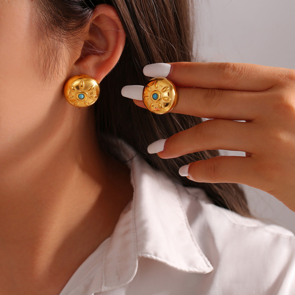 Round Sun Pattern Drop Oil Stainless Steel Stud Earrings