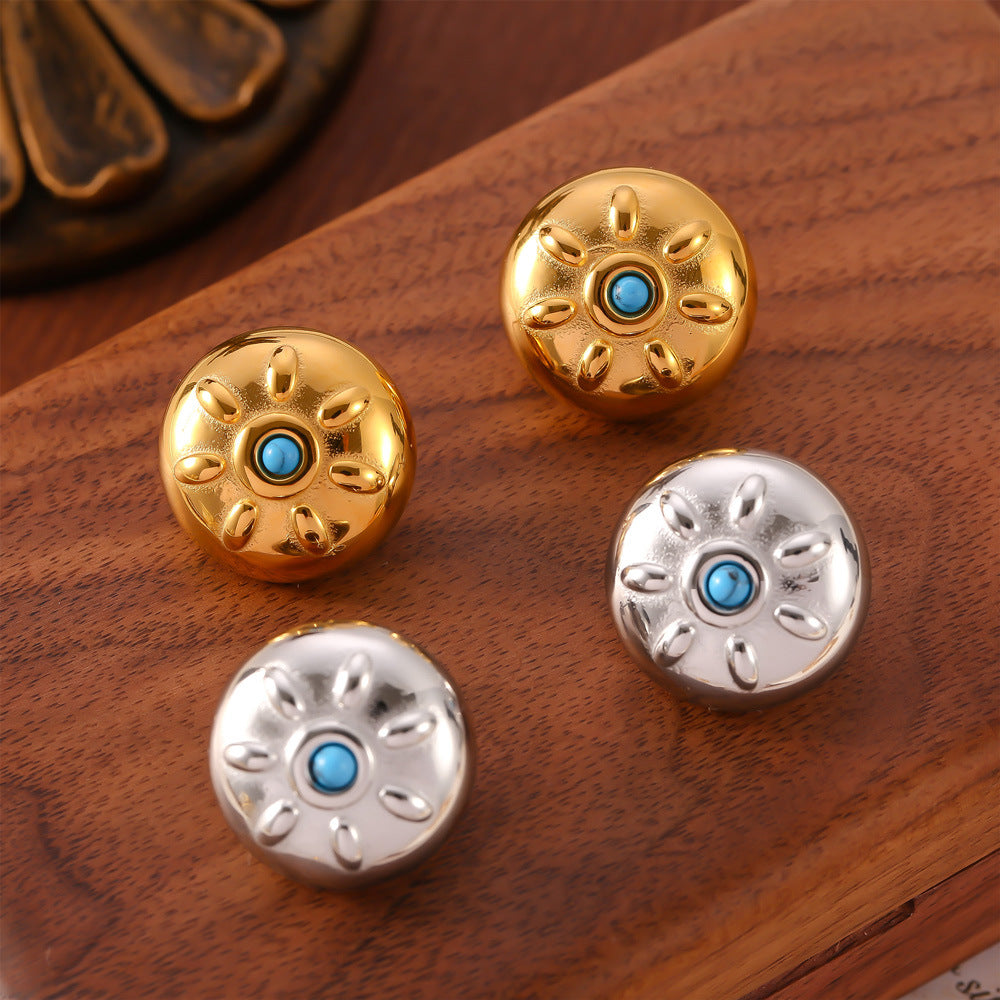 Round Sun Pattern Drop Oil Stainless Steel Stud Earrings