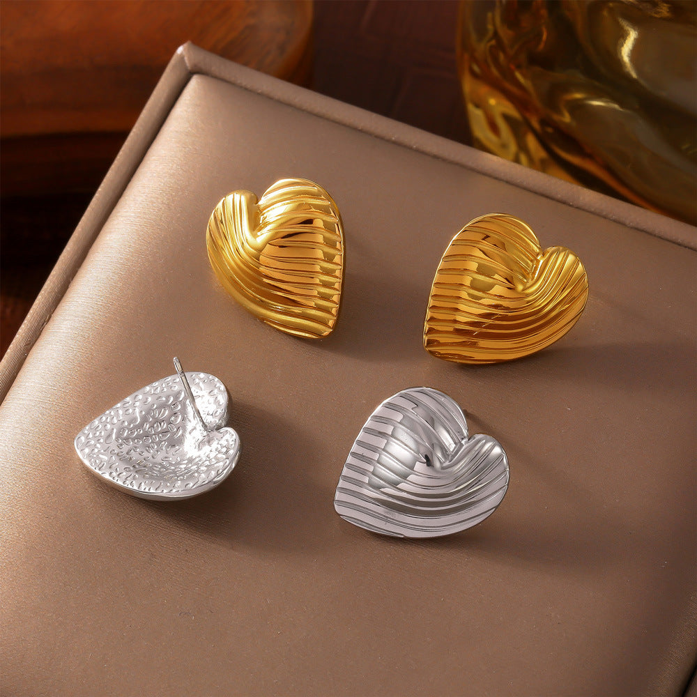18K Gold PVD Heart Line Texture Stainless Steel Earrings