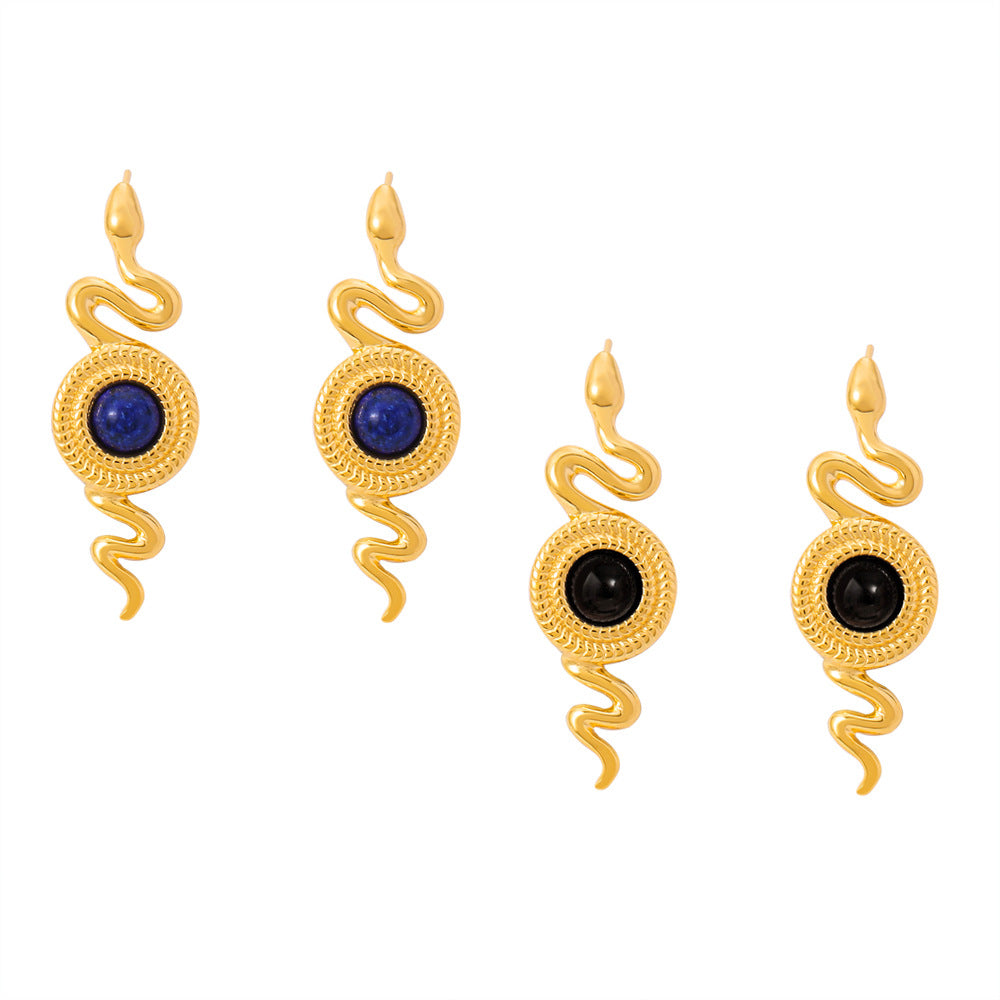 Stainless Steel Snake Inlay Natural Stone Stud Earrings