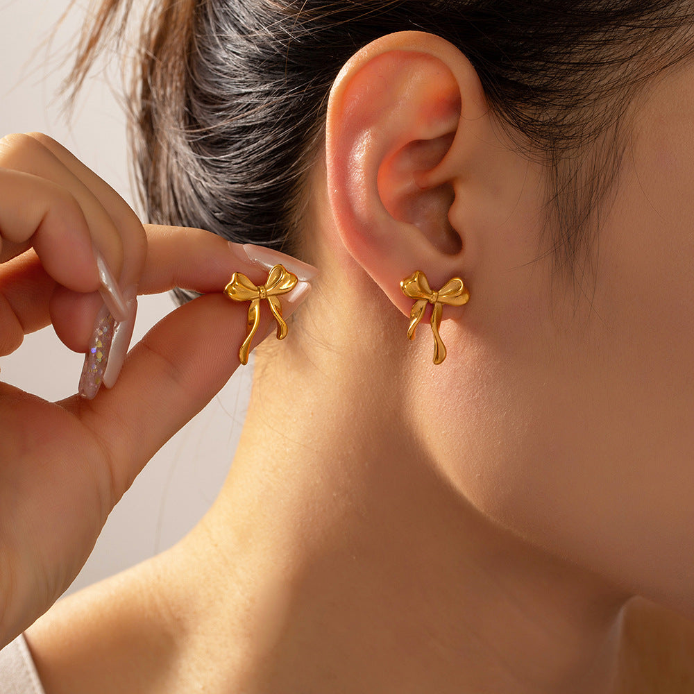 Stainless Steel 18K Gold PVD Bow Stud Earrings